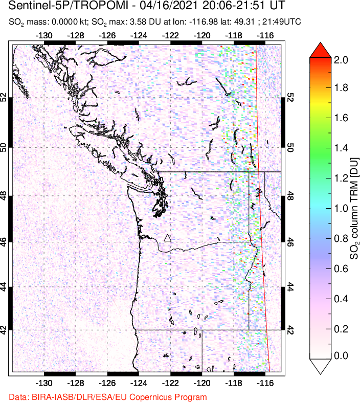 A sulfur dioxide image over Cascade Range, USA on Apr 16, 2021.