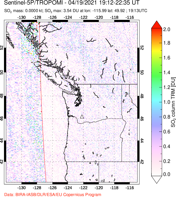 A sulfur dioxide image over Cascade Range, USA on Apr 19, 2021.