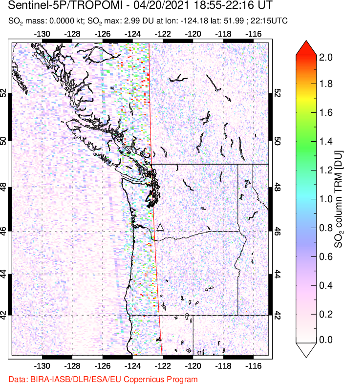 A sulfur dioxide image over Cascade Range, USA on Apr 20, 2021.