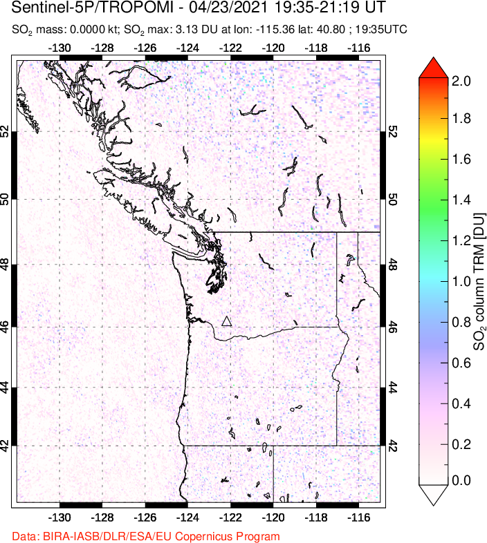 A sulfur dioxide image over Cascade Range, USA on Apr 23, 2021.