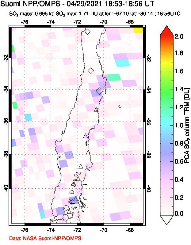 A sulfur dioxide image over Central Chile on Apr 29, 2021.