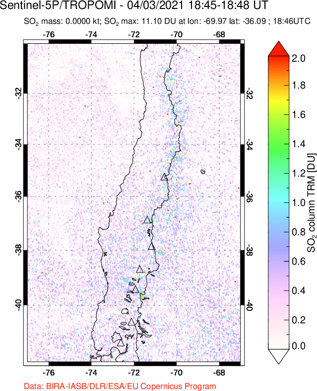A sulfur dioxide image over Central Chile on Apr 03, 2021.