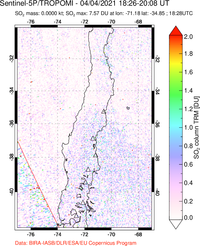 A sulfur dioxide image over Central Chile on Apr 04, 2021.