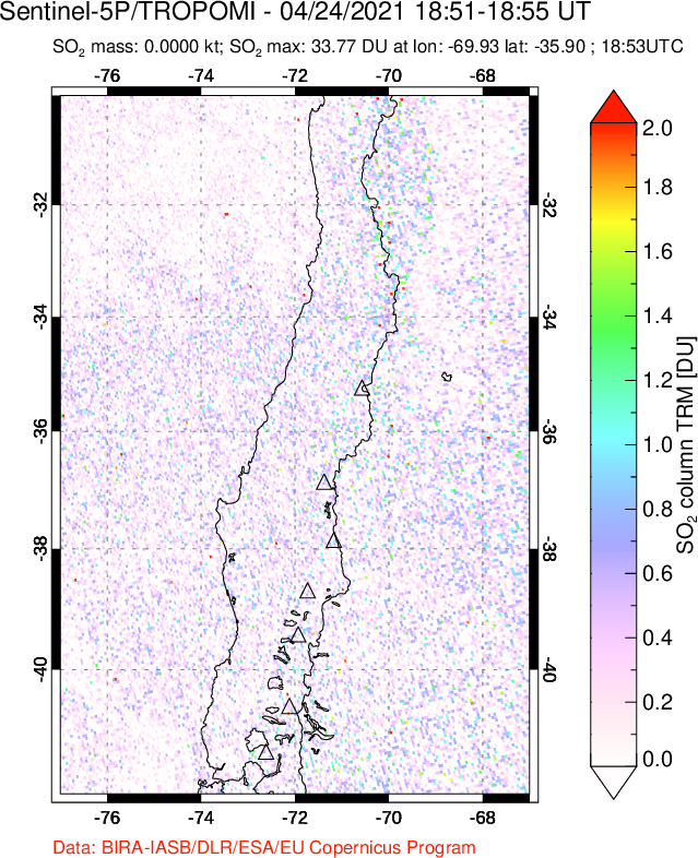 A sulfur dioxide image over Central Chile on Apr 24, 2021.