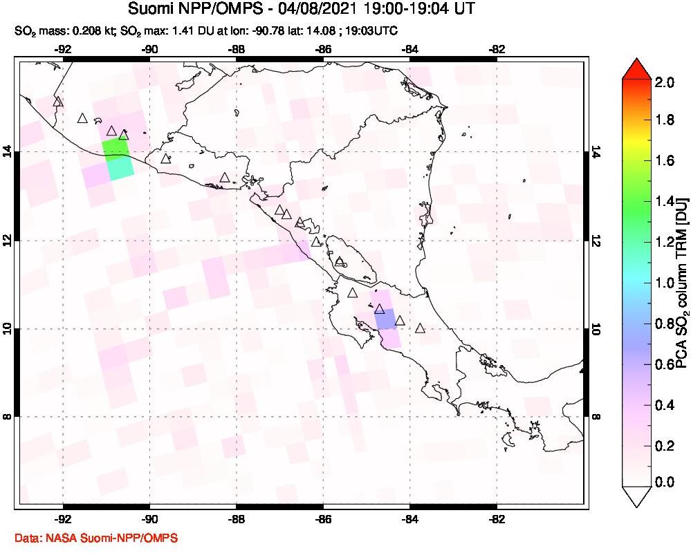 A sulfur dioxide image over Central America on Apr 08, 2021.