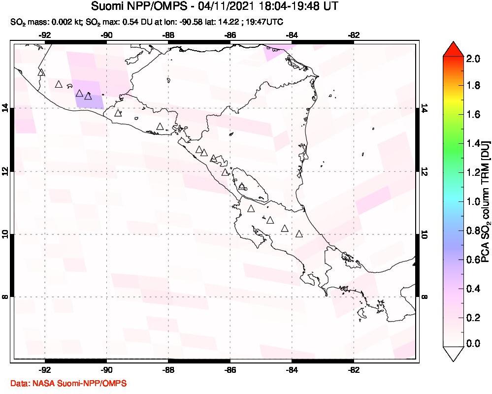 A sulfur dioxide image over Central America on Apr 11, 2021.