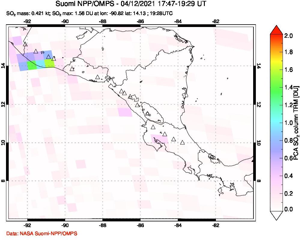 A sulfur dioxide image over Central America on Apr 12, 2021.
