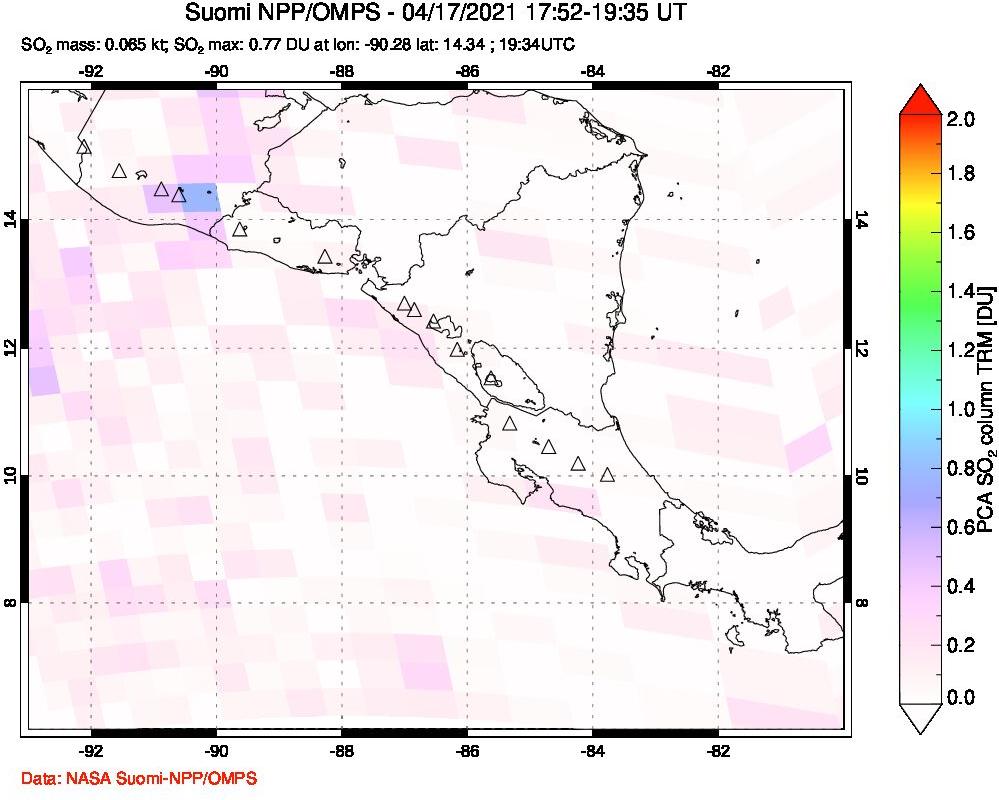 A sulfur dioxide image over Central America on Apr 17, 2021.