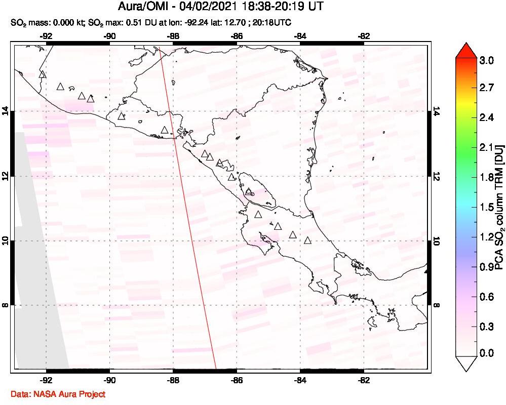 A sulfur dioxide image over Central America on Apr 02, 2021.