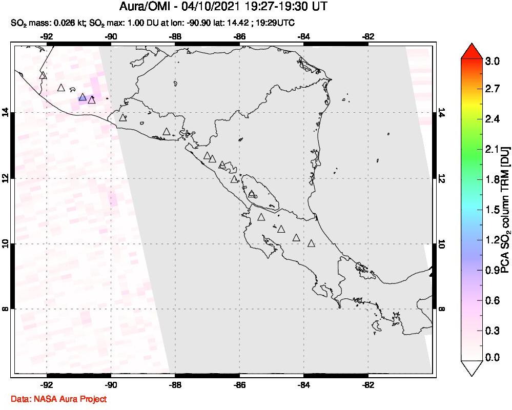 A sulfur dioxide image over Central America on Apr 10, 2021.