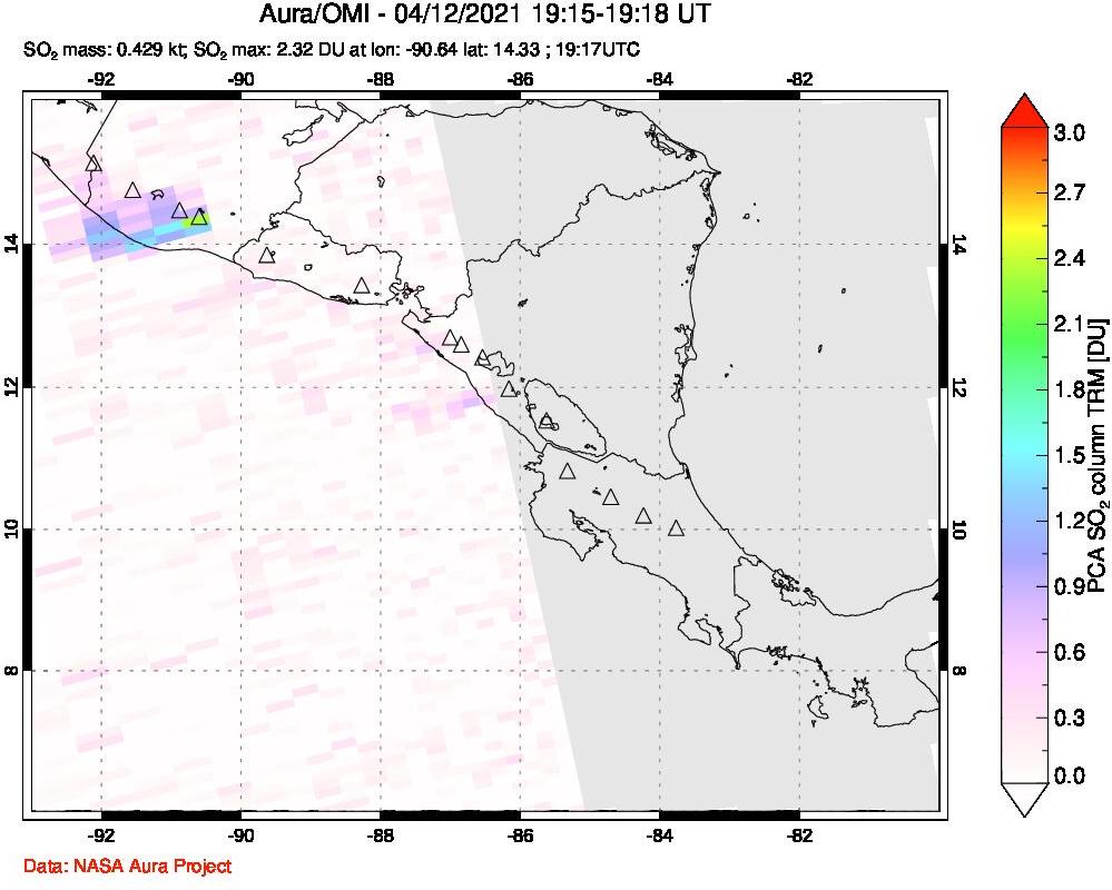 A sulfur dioxide image over Central America on Apr 12, 2021.