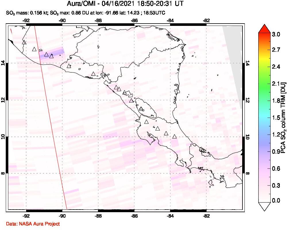 A sulfur dioxide image over Central America on Apr 16, 2021.