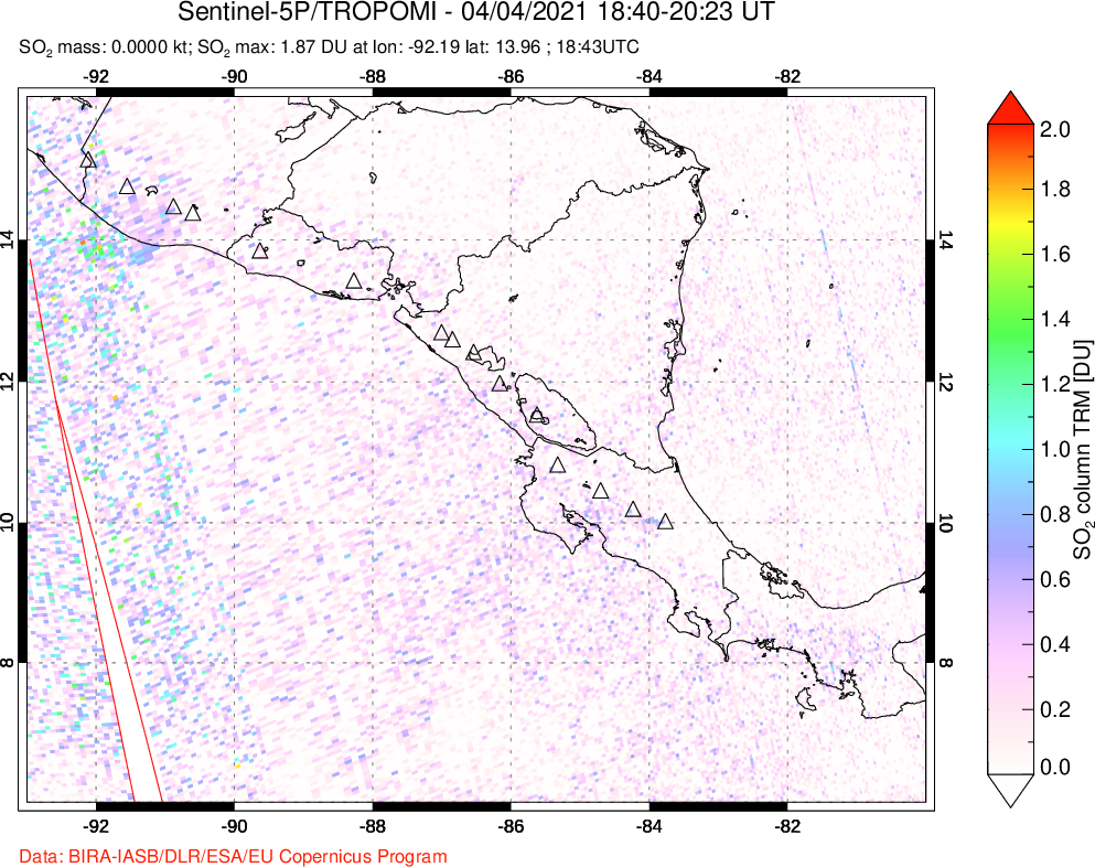 A sulfur dioxide image over Central America on Apr 04, 2021.