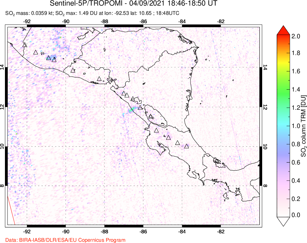 A sulfur dioxide image over Central America on Apr 09, 2021.