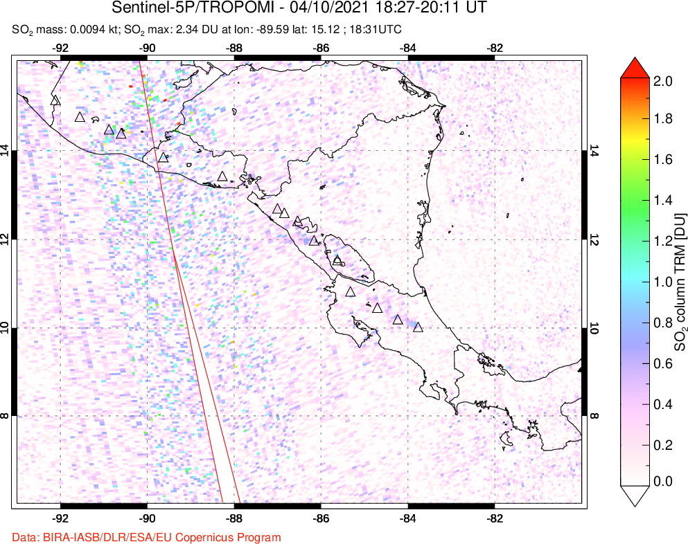 A sulfur dioxide image over Central America on Apr 10, 2021.