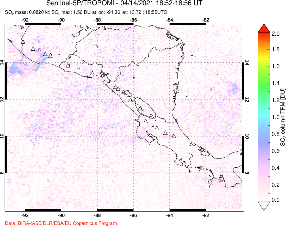 A sulfur dioxide image over Central America on Apr 14, 2021.