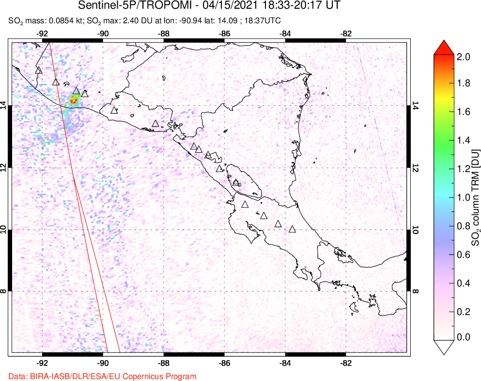 A sulfur dioxide image over Central America on Apr 15, 2021.