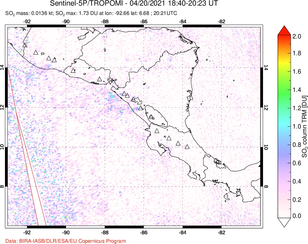 A sulfur dioxide image over Central America on Apr 20, 2021.