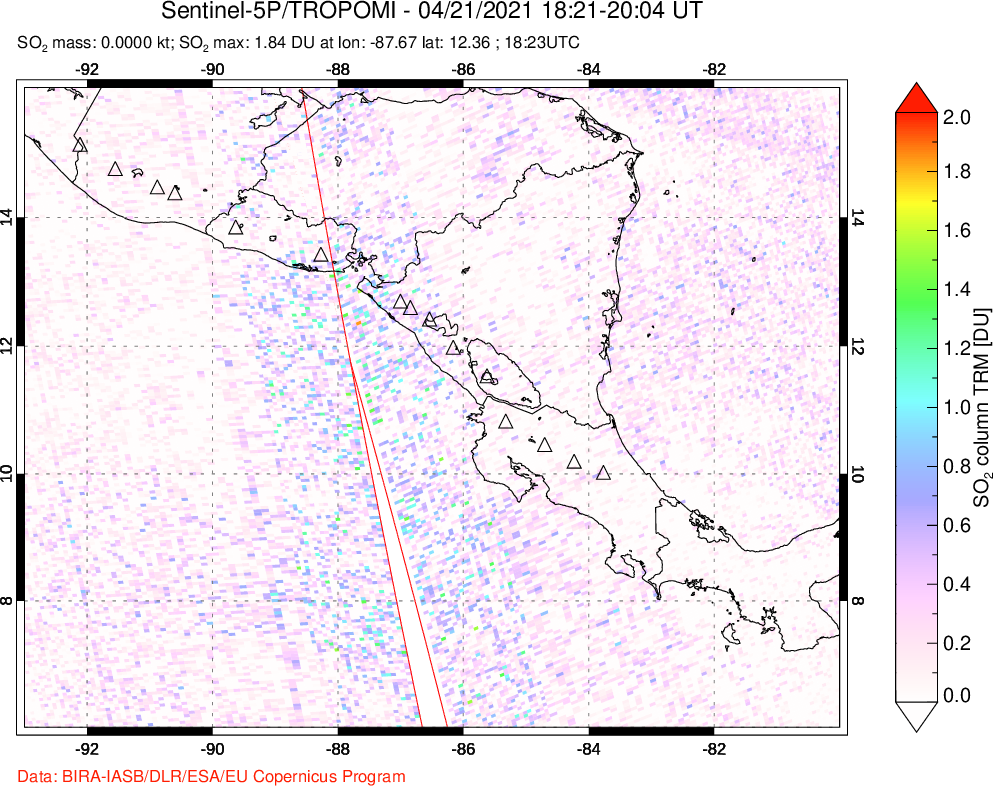 A sulfur dioxide image over Central America on Apr 21, 2021.
