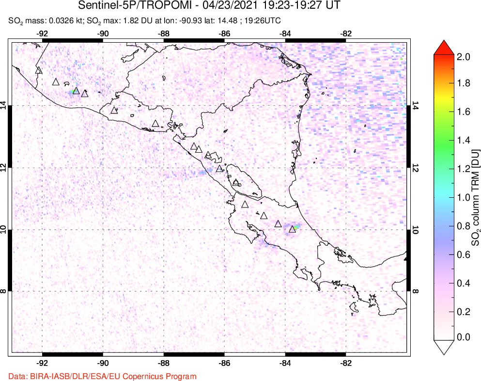 A sulfur dioxide image over Central America on Apr 23, 2021.
