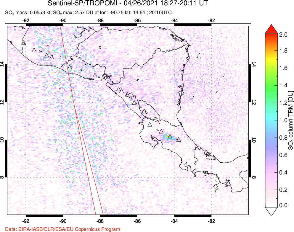 A sulfur dioxide image over Central America on Apr 26, 2021.
