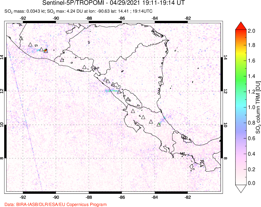 A sulfur dioxide image over Central America on Apr 29, 2021.
