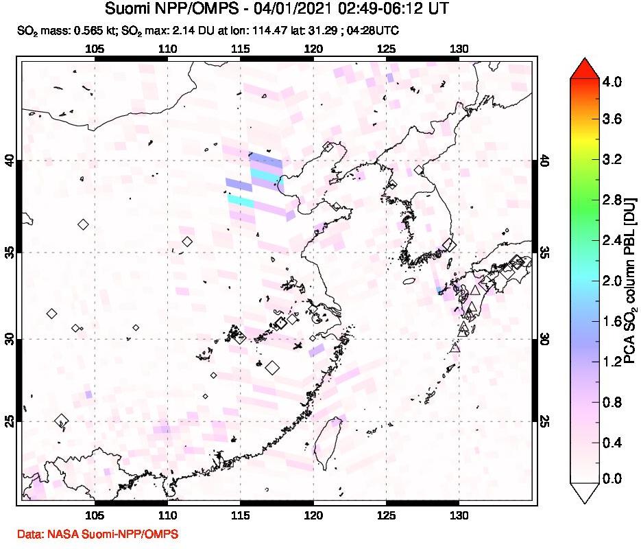 A sulfur dioxide image over Eastern China on Apr 01, 2021.