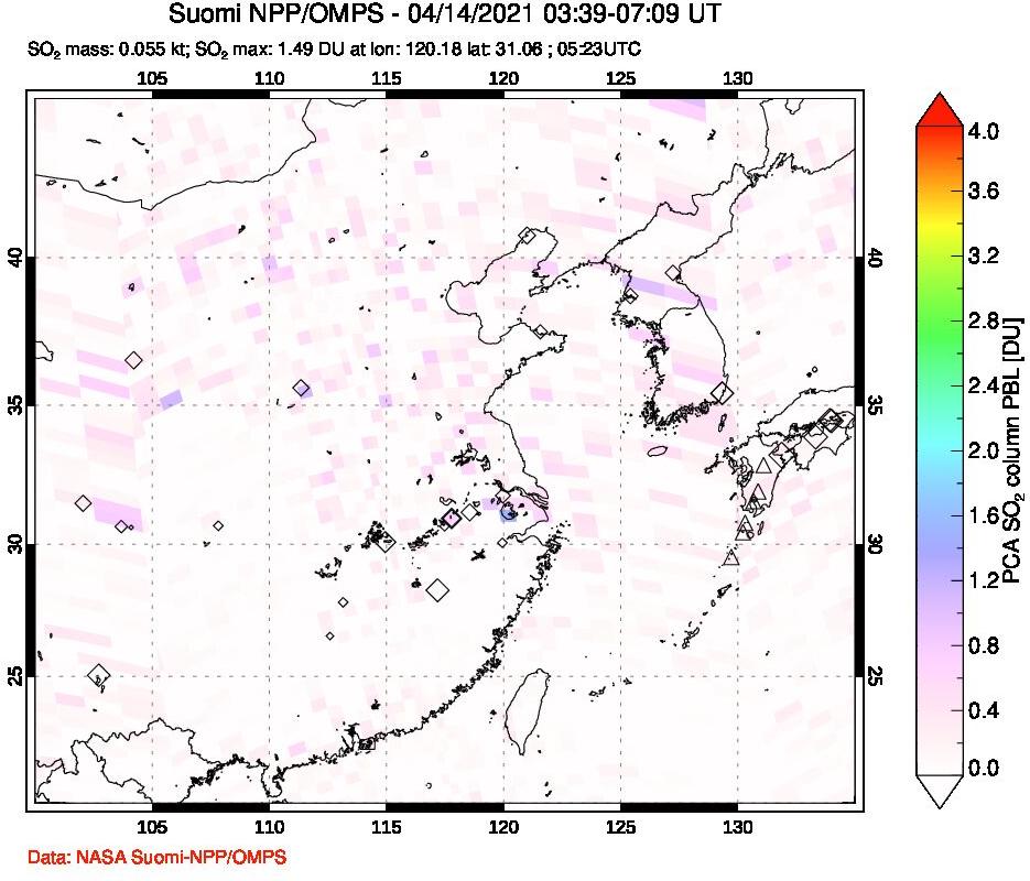 A sulfur dioxide image over Eastern China on Apr 14, 2021.