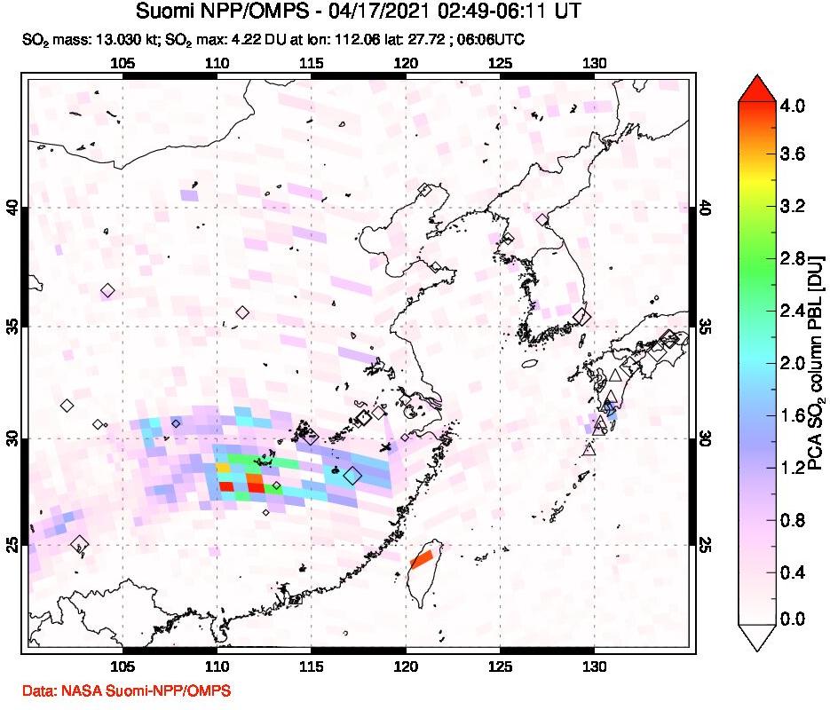 A sulfur dioxide image over Eastern China on Apr 17, 2021.