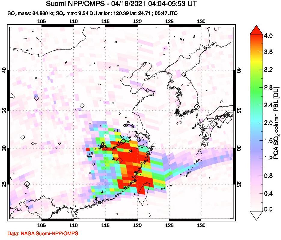 A sulfur dioxide image over Eastern China on Apr 18, 2021.