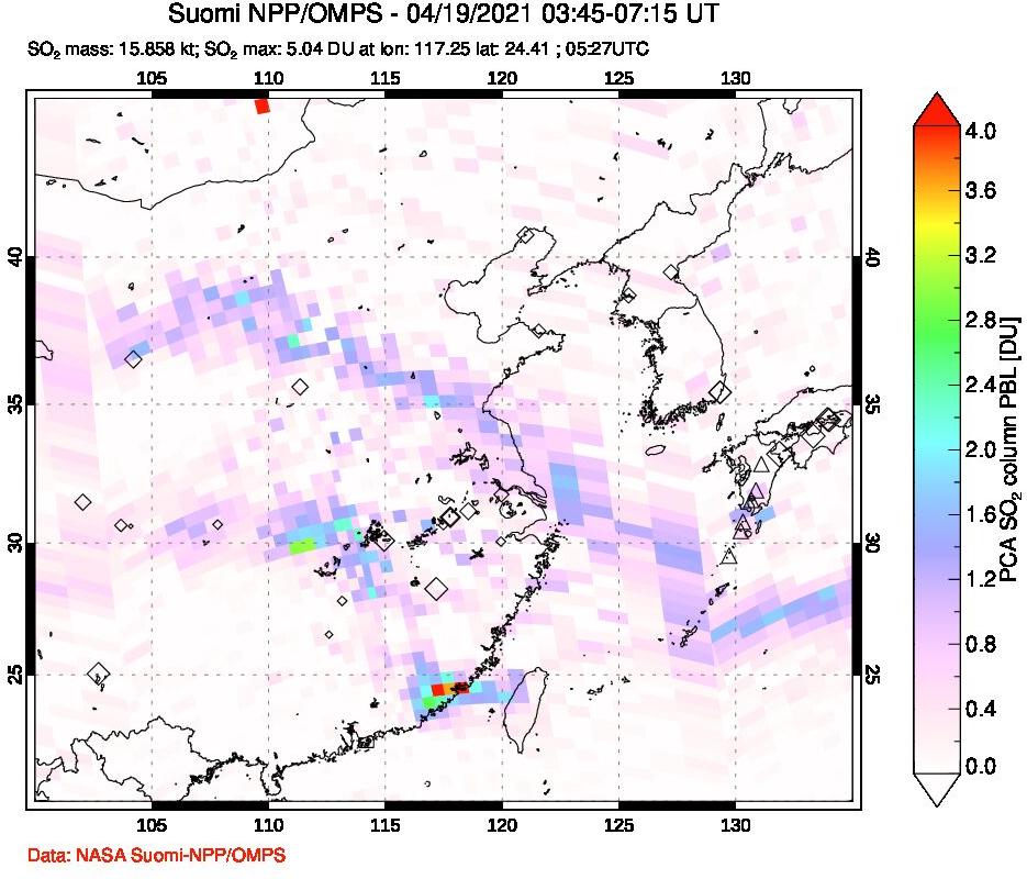 A sulfur dioxide image over Eastern China on Apr 19, 2021.