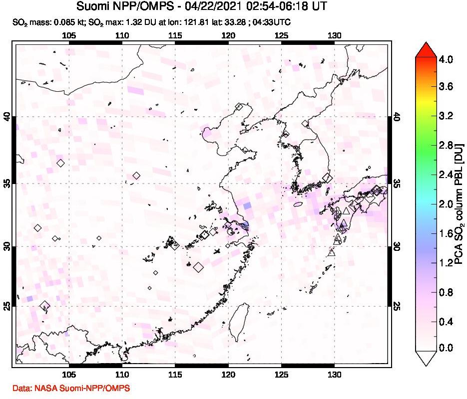 A sulfur dioxide image over Eastern China on Apr 22, 2021.