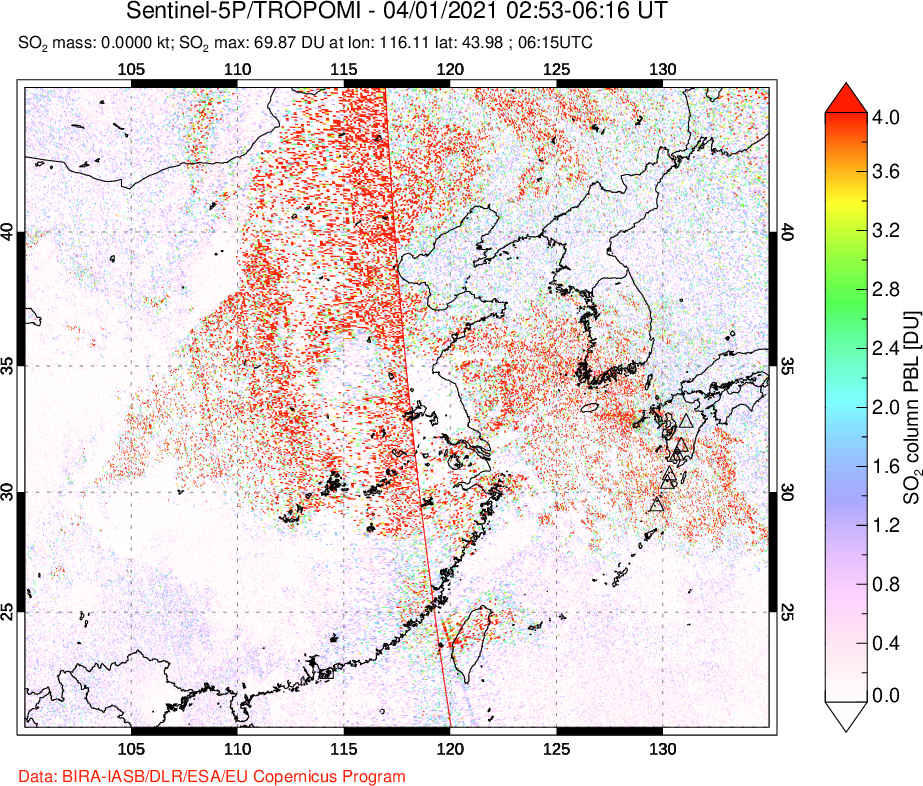 A sulfur dioxide image over Eastern China on Apr 01, 2021.