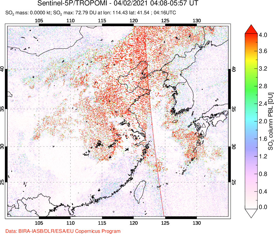 A sulfur dioxide image over Eastern China on Apr 02, 2021.