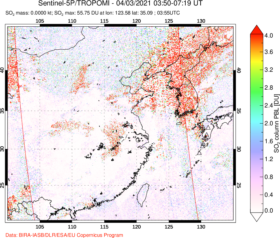 A sulfur dioxide image over Eastern China on Apr 03, 2021.