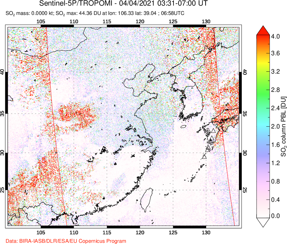 A sulfur dioxide image over Eastern China on Apr 04, 2021.