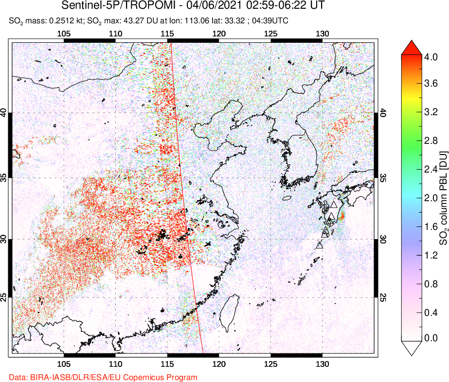 A sulfur dioxide image over Eastern China on Apr 06, 2021.