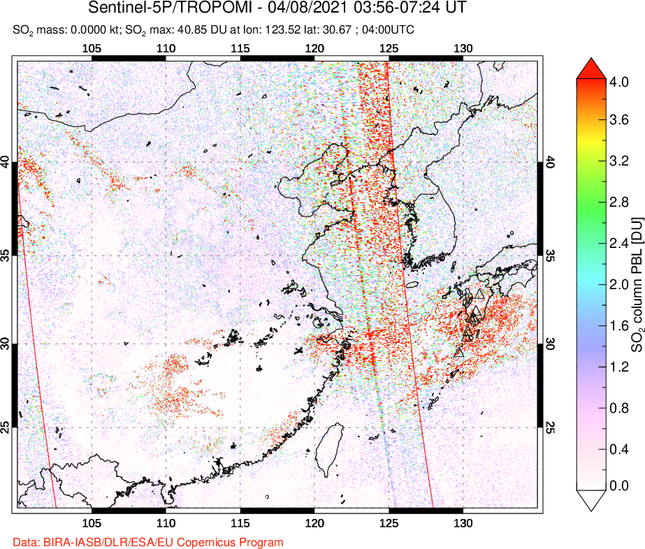A sulfur dioxide image over Eastern China on Apr 08, 2021.