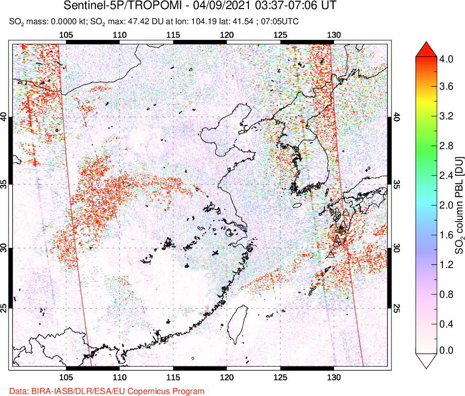 A sulfur dioxide image over Eastern China on Apr 09, 2021.