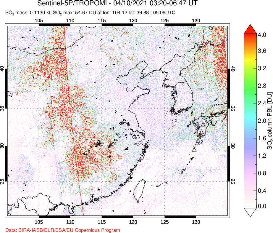 A sulfur dioxide image over Eastern China on Apr 10, 2021.