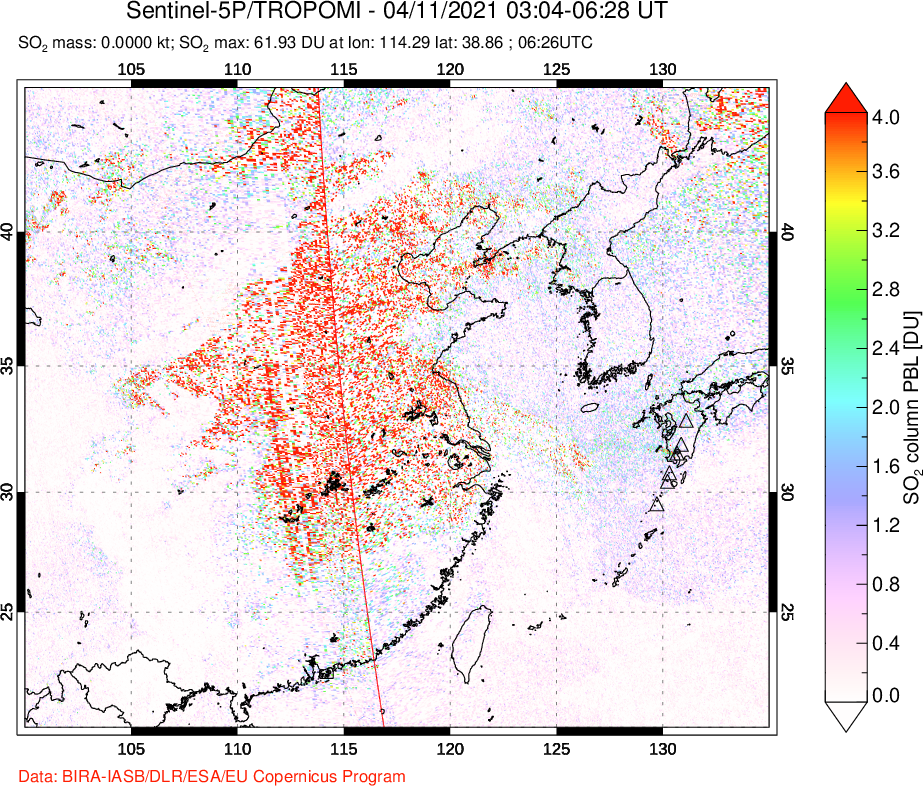 A sulfur dioxide image over Eastern China on Apr 11, 2021.
