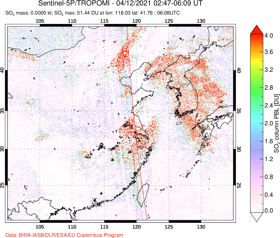 A sulfur dioxide image over Eastern China on Apr 12, 2021.