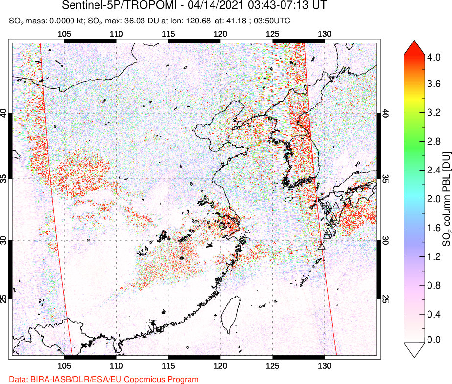 A sulfur dioxide image over Eastern China on Apr 14, 2021.