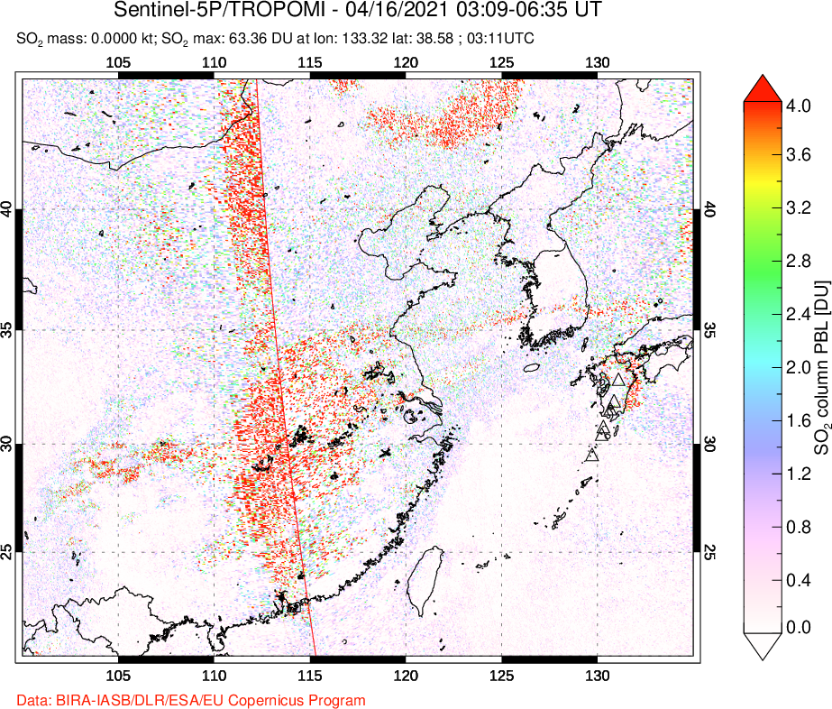 A sulfur dioxide image over Eastern China on Apr 16, 2021.