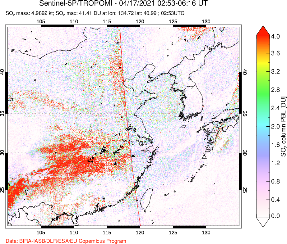 A sulfur dioxide image over Eastern China on Apr 17, 2021.