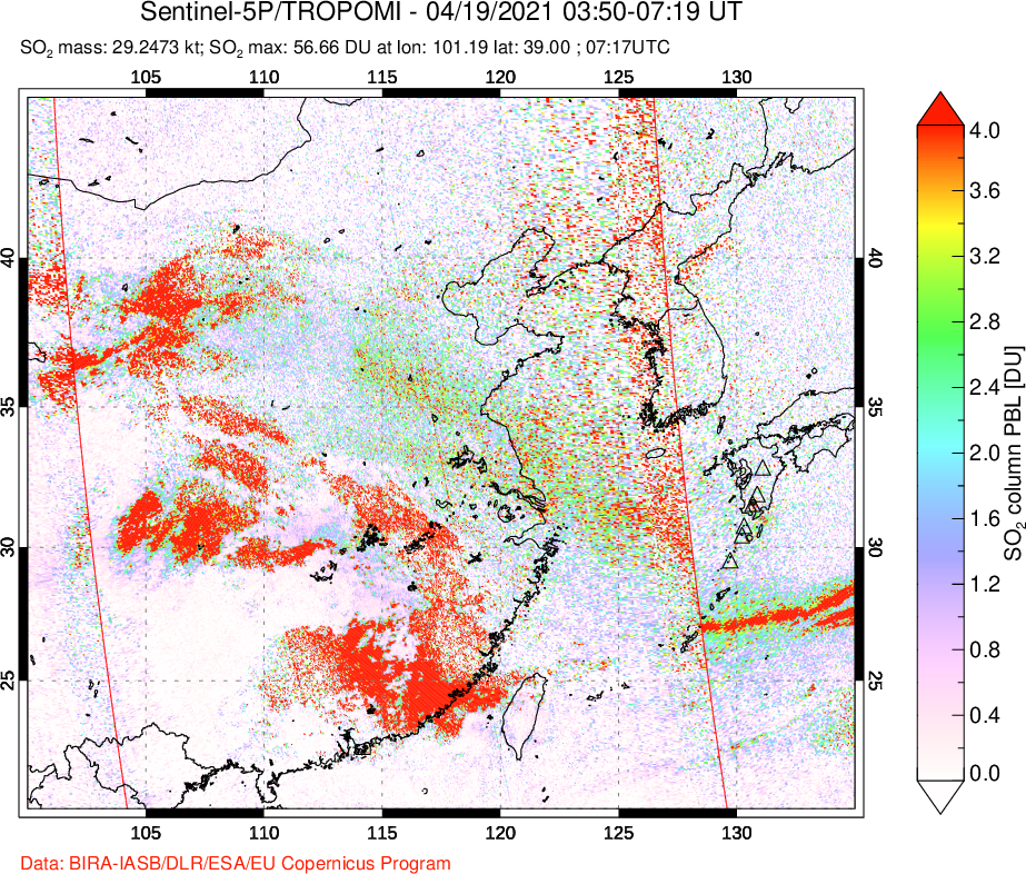 A sulfur dioxide image over Eastern China on Apr 19, 2021.