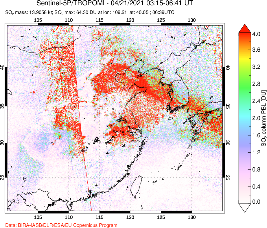 A sulfur dioxide image over Eastern China on Apr 21, 2021.