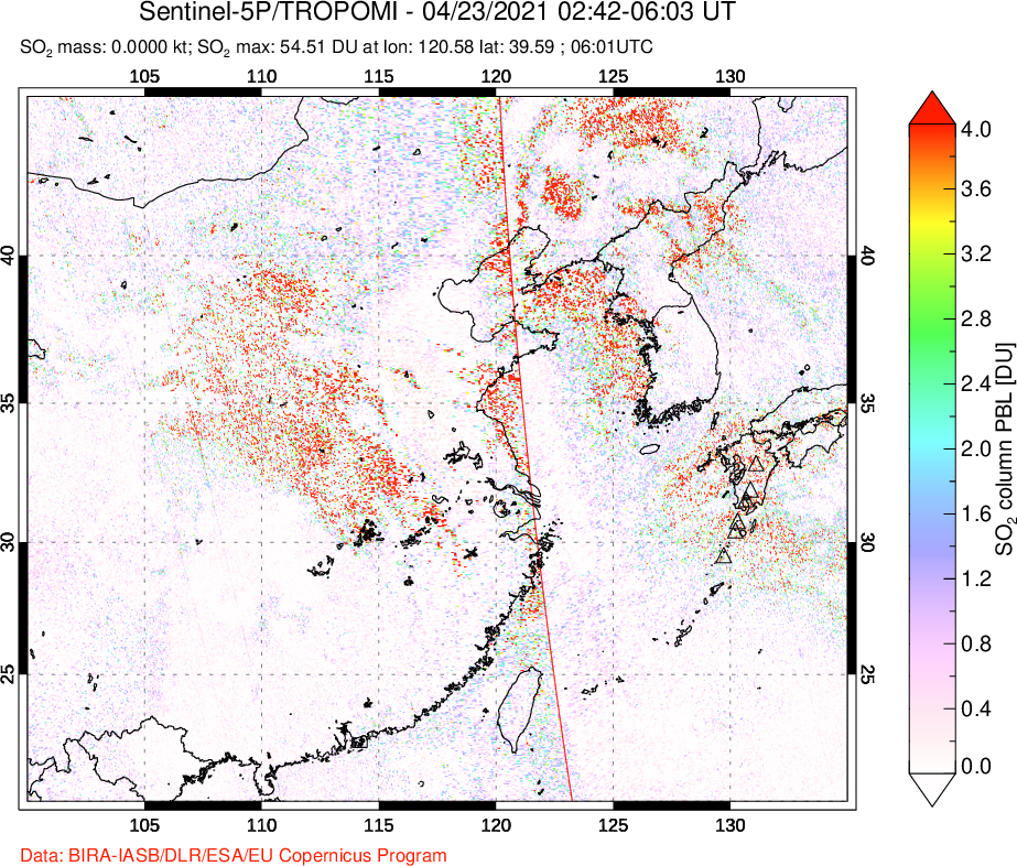A sulfur dioxide image over Eastern China on Apr 23, 2021.