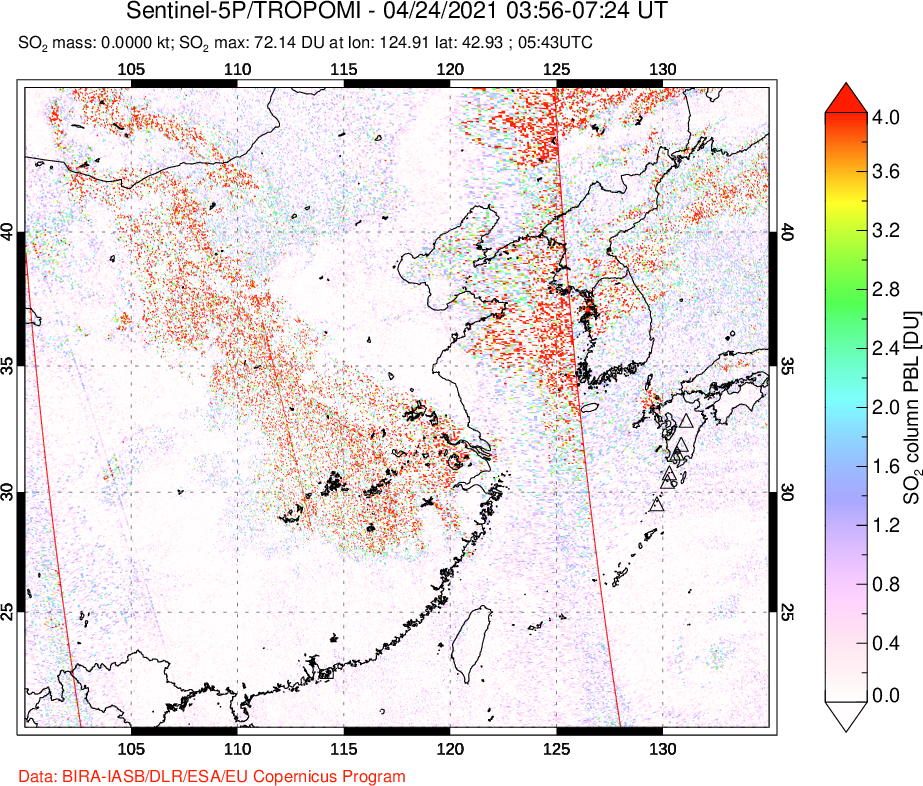 A sulfur dioxide image over Eastern China on Apr 24, 2021.