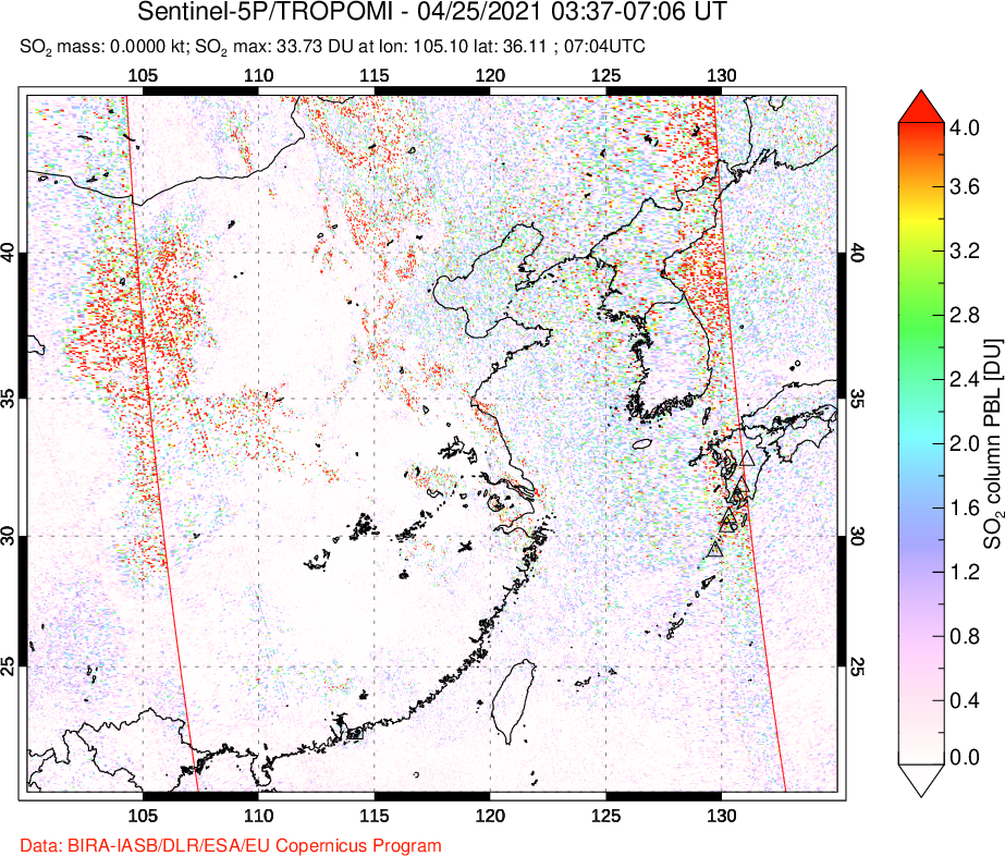A sulfur dioxide image over Eastern China on Apr 25, 2021.